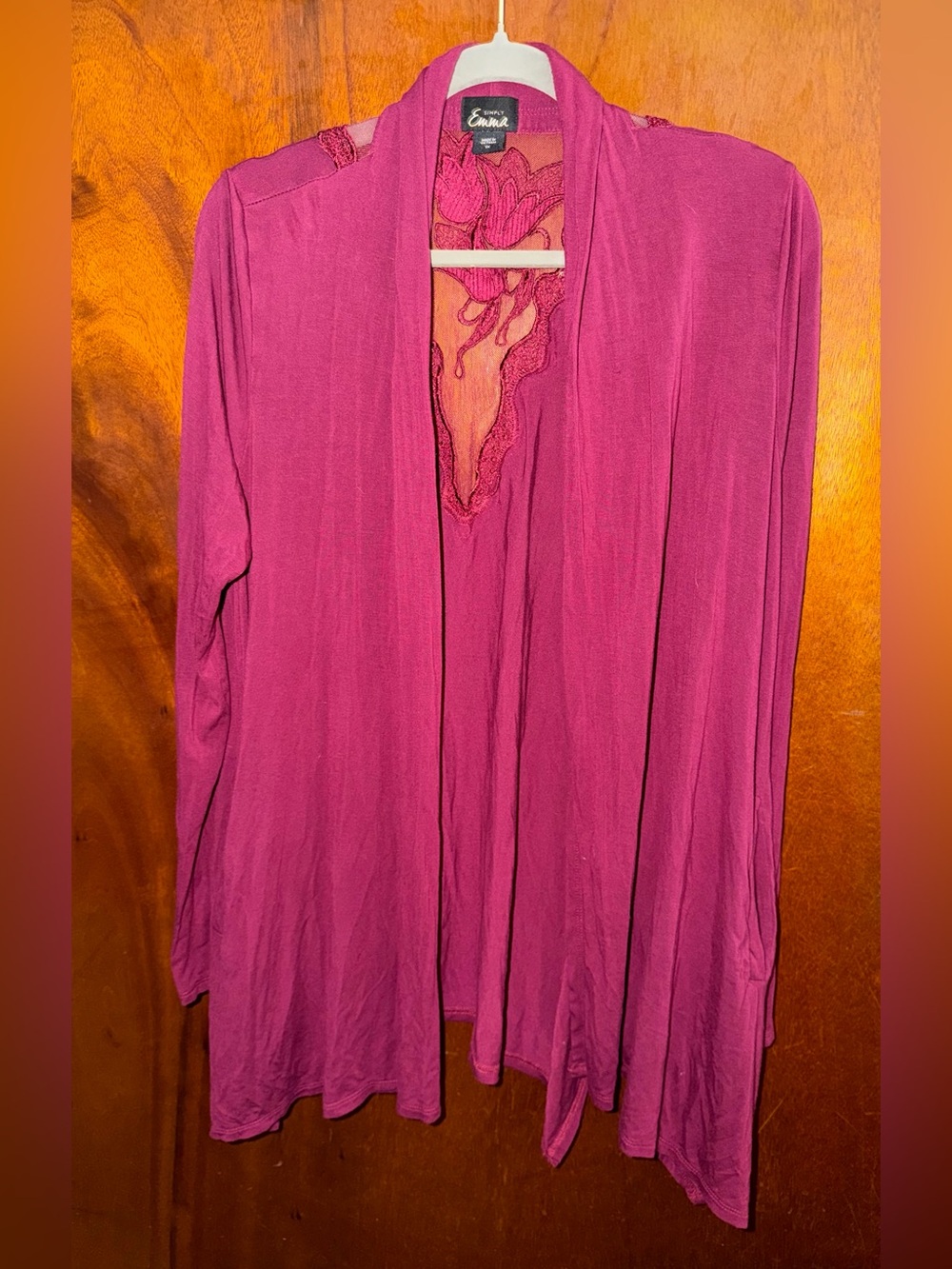 Simply Emma Wine Open-Front Lace-Trim Cardigan